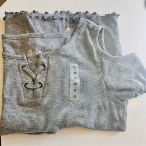 Gray Ribbed Lace-Up Cold Shoulder Top